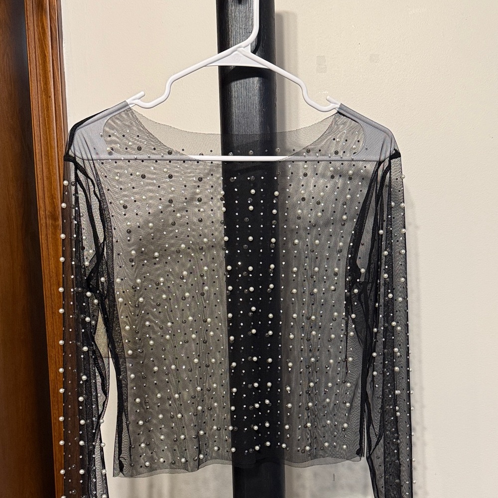 Amazon Black Sheer Pearl-Studded Blouse